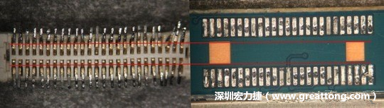 把板對板連接器與其電路板的佈線焊墊作一個(gè)比較，端子的切斷面有毛邊的地方剛好對到了裸銅區(qū)。