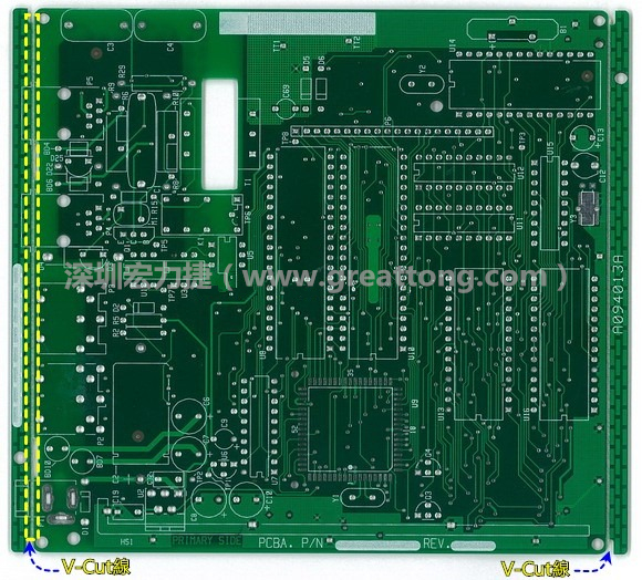 所謂【V-cut】是印刷電路板(PCB)廠商依據客戶的圖紙要求，事先在PCB的特定位置用轉盤刀具切割好的一條條分割線，其目的是為了方便后續(xù)SMT電路板組裝完成后的「分板(De-panel)」之用，因為其切割后的外型看起來就像個英文的【V】字型，因此得名。