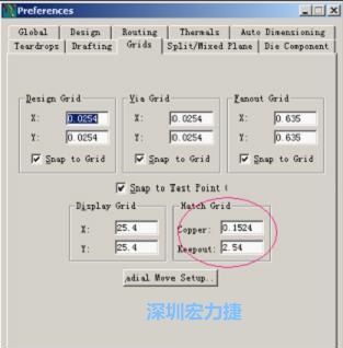  改銅皮的填充網(wǎng)格Global→Design Units，填充方向Drafting→Direction；Hatch Grid中Copper此數(shù)值為大銅箔中所填充的線條中心到中心的距離。