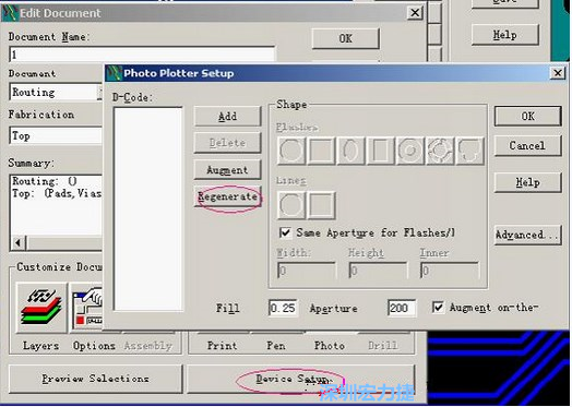 當(dāng)Gerber和鉆孔都設(shè)置完后，選擇一貼片元件較多的層（一般為Top層），點擊Device SetupPhoto，將 Plotter Setup窗口D-Code欄原有的D碼刪除并按Regenerate重新生成