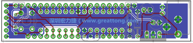第二篇文章則帶領(lǐng)你進(jìn)行電路板上的布線、連結(jié)點(diǎn)的配置，并利用「設(shè)計(jì)規(guī)則檢查（Design Rule Check）」測(cè)試你的設(shè)計(jì)，第二篇文章的電路板設(shè)計(jì)圖將如下所示：