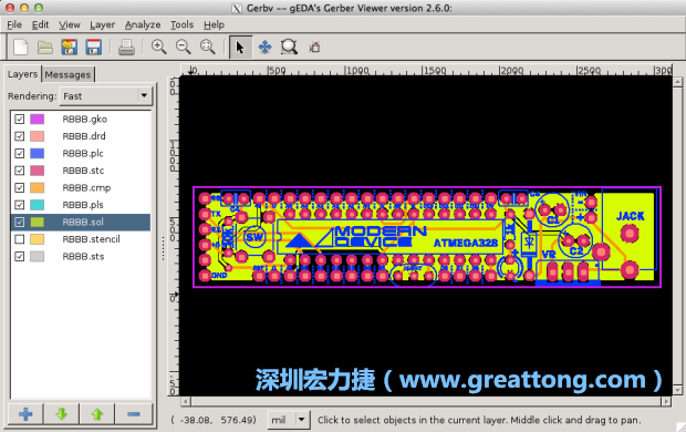 將圖層匯入你的Gerber預(yù)覽工具內(nèi)（下圖為Gerbv），我通常會(huì)從上到下重新排列它們的順序，好讓我比較好校對(duì)：