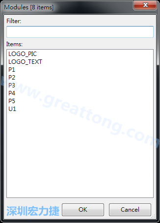 從目前正在編輯的PCB載入Module， 會顯示有那些項目可載入。點選一個， OK后即完成載入